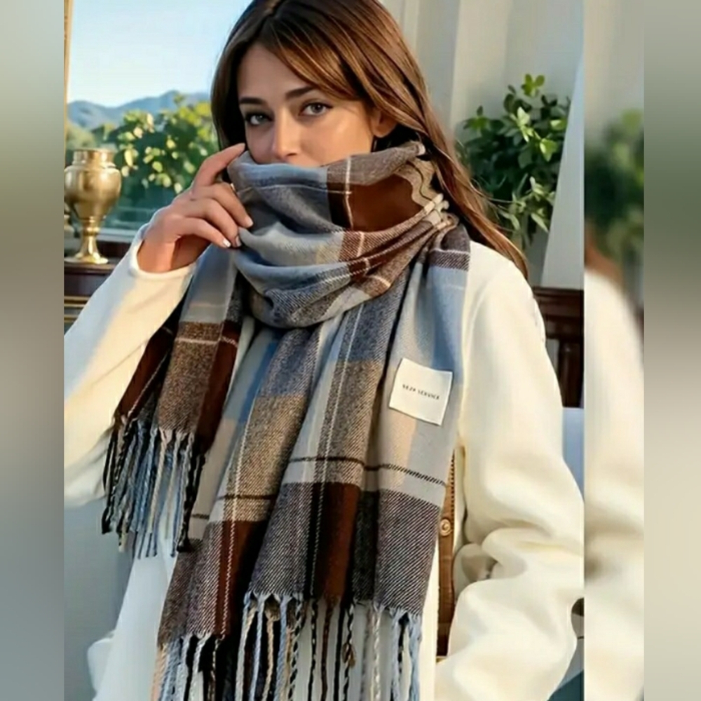 SFLE Service Cozy Blue, Brown & Cream Scarf/wrap, NWT